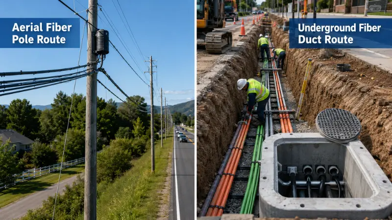 Comparison of aerial fiber optic cable on poles and underground fiber optic cable installed in ducts. Comparison of aerial fiber optic cable on poles and underground fiber optic cable installed in ducts.
