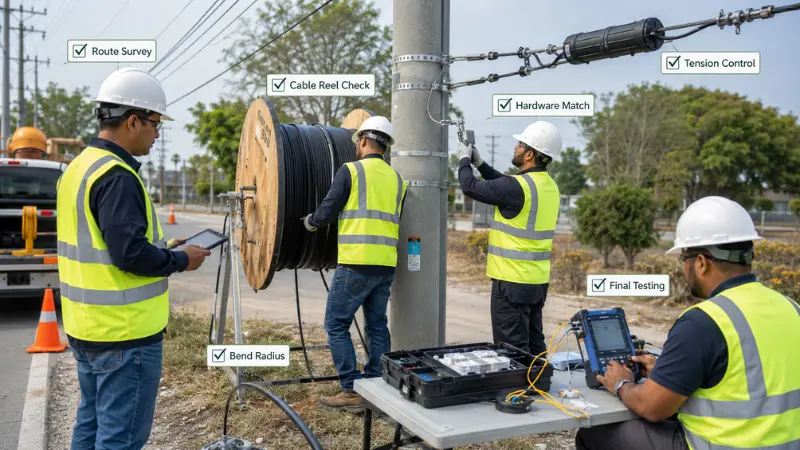 Aerial fiber optic cable installation checklist with cable reels, hardware, technicians and testing equipment. Aerial fiber optic cable installation checklist with cable reels, hardware, technicians and testing equipment.