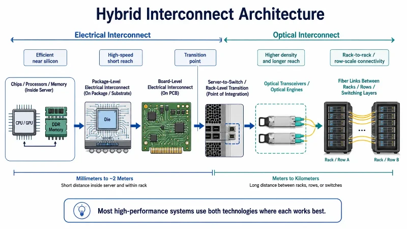 Hybrid optical and electrical interconnect architecture Hybrid optical and electrical interconnect architecture